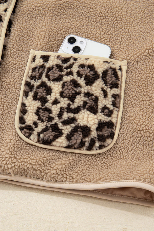 Exclusive Leopard Print Patchwork Sherpa Fleece Jacket