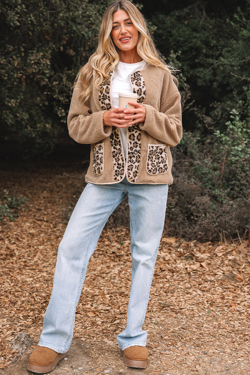 Exclusive Leopard Print Patchwork Sherpa Fleece Jacket