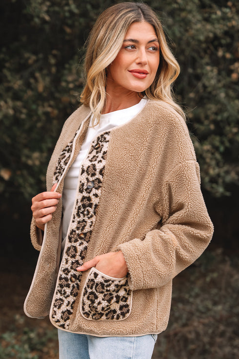Exclusive Leopard Print Patchwork Sherpa Fleece Jacket
