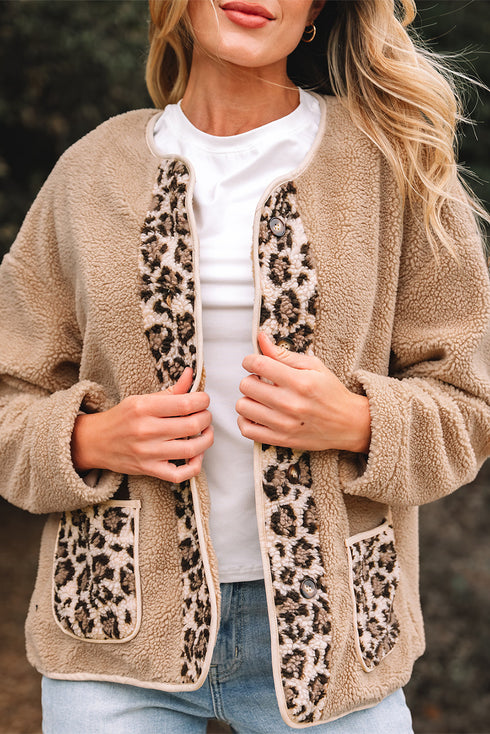 Exclusive Leopard Print Patchwork Sherpa Fleece Jacket