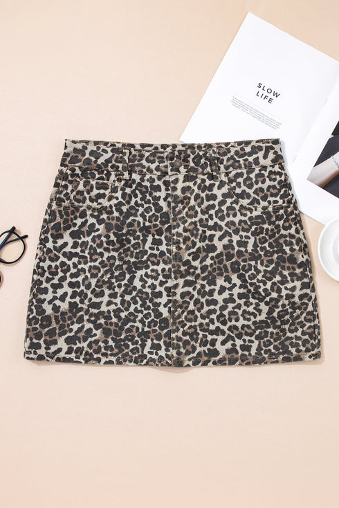 Exclusive Leopard Print Western Denim Mini Skirt
