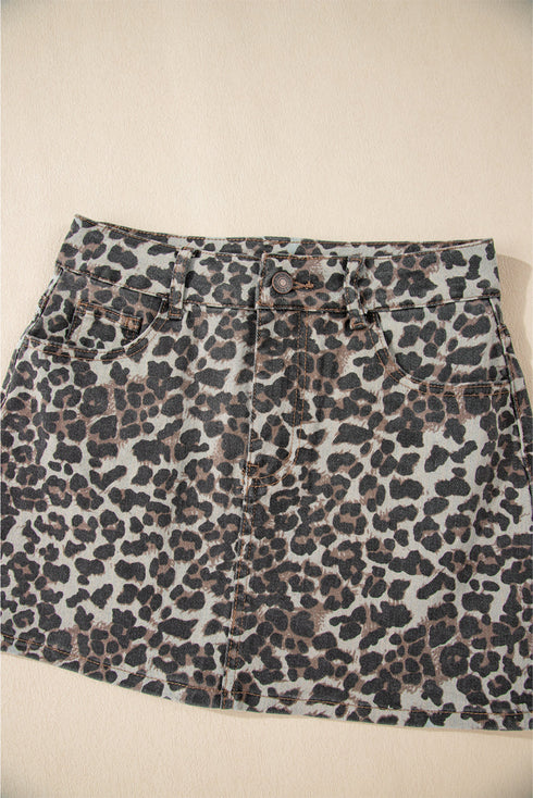 Exclusive Leopard Print Western Denim Mini Skirt