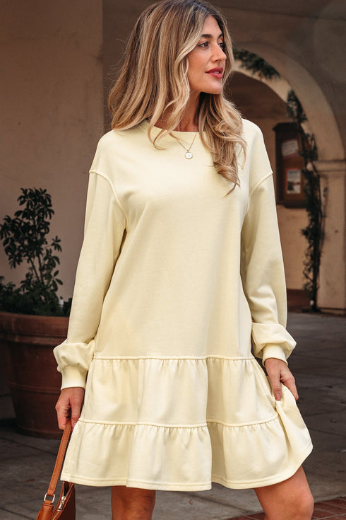 Exclusive Long Sleeve Tiered Ruffle Hem Loose Mini Dress