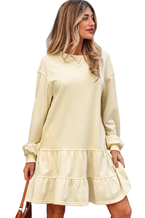 Exclusive Long Sleeve Tiered Ruffle Hem Loose Mini Dress