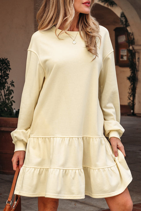 Exclusive Long Sleeve Tiered Ruffle Hem Loose Mini Dress