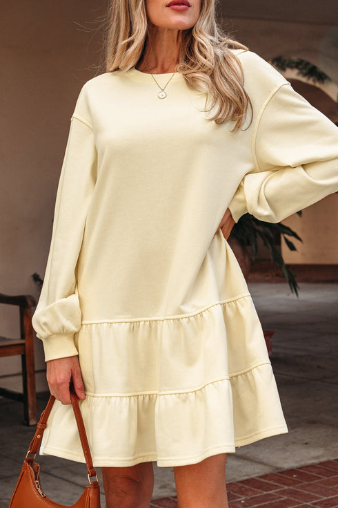 Exclusive Long Sleeve Tiered Ruffle Hem Loose Mini Dress