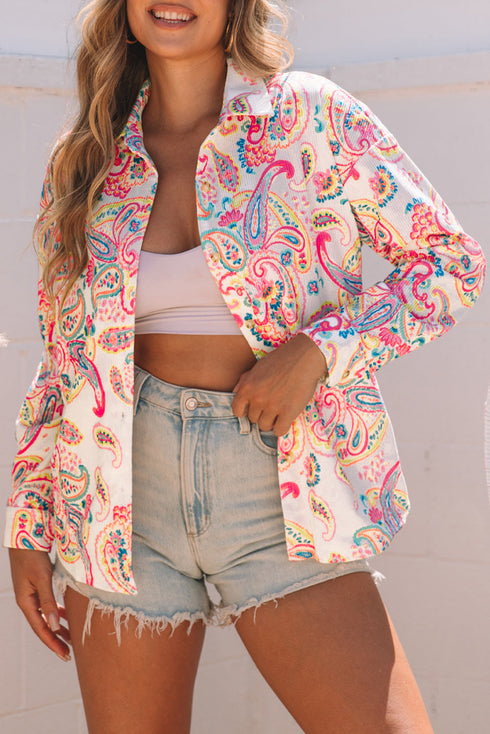 Exclusive Paisley Print Buttoned Corduroy Shirt Jacket