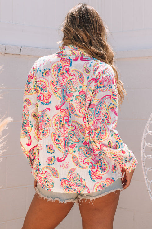 Exclusive Paisley Print Buttoned Corduroy Shirt Jacket
