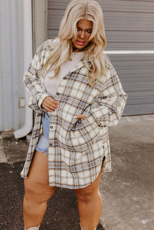 Exclusive Plaid Print Slit Tunic Shacket Outerwear