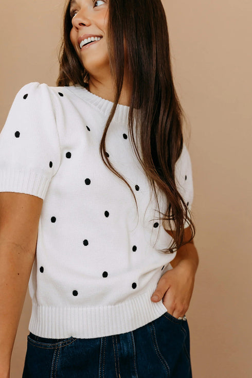 Exclusive Polka Dot Bubble Sleeve Knit Short Sleeve Sweater
