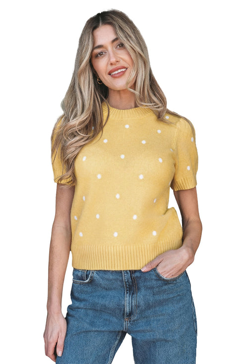 Exclusive Polka Dot Bubble Sleeve Knit Short Sleeve Sweater