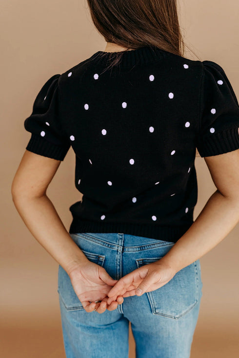 Exclusive Polka Dot Bubble Sleeve Knit Short Sleeve Sweater
