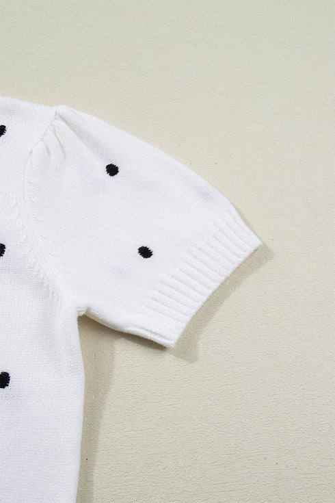 Exclusive Polka Dot Bubble Sleeve Knit Short Sleeve Sweater