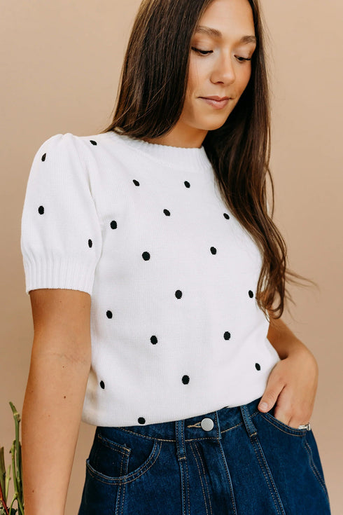 Exclusive Polka Dot Bubble Sleeve Knit Short Sleeve Sweater