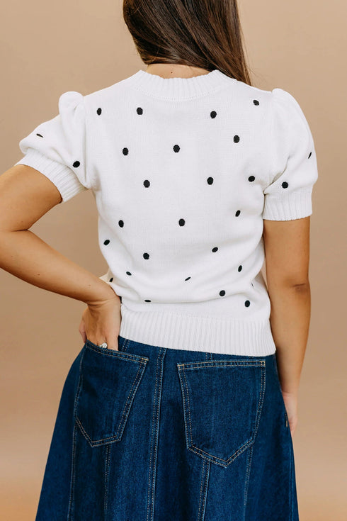 Exclusive Polka Dot Bubble Sleeve Knit Short Sleeve Sweater