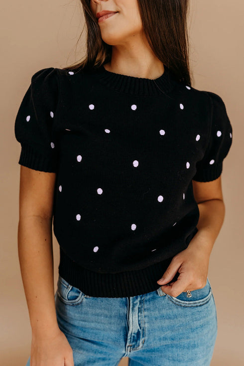 Exclusive Polka Dot Bubble Sleeve Knit Short Sleeve Sweater