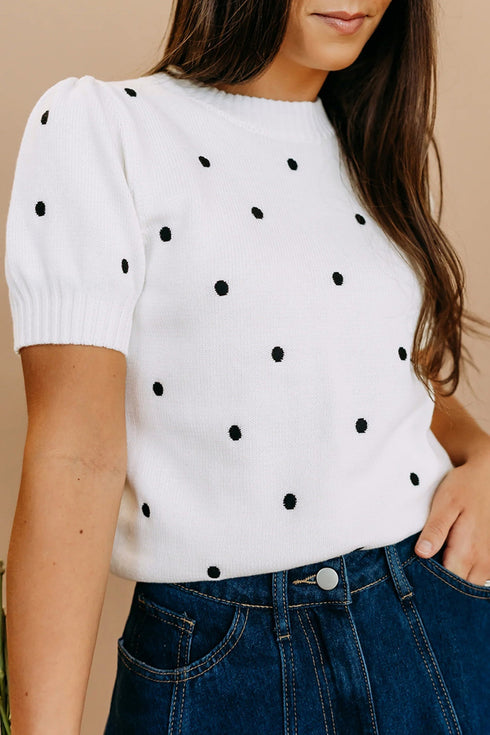 Exclusive Polka Dot Bubble Sleeve Knit Short Sleeve Sweater