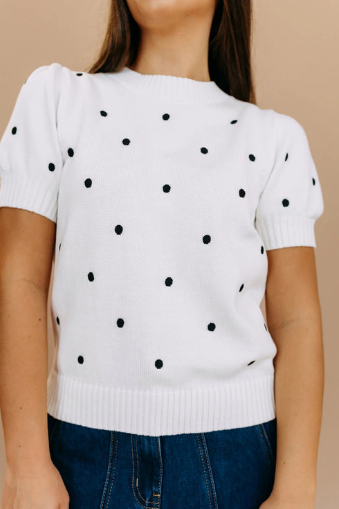 Exclusive Polka Dot Bubble Sleeve Knit Short Sleeve Sweater