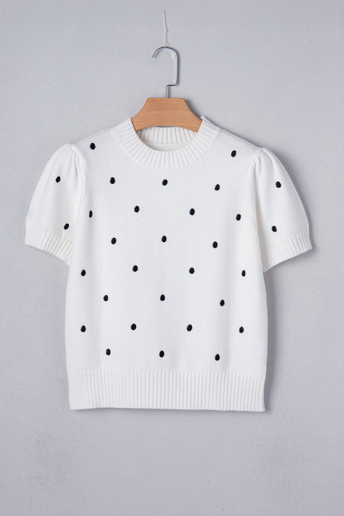 Exclusive Polka Dot Bubble Sleeve Knit Short Sleeve Sweater