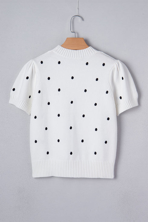 Exclusive Polka Dot Bubble Sleeve Knit Short Sleeve Sweater