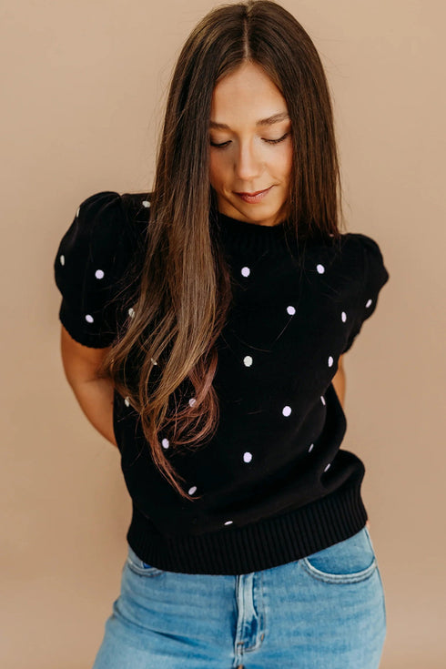 Exclusive Polka Dot Bubble Sleeve Knit Short Sleeve Sweater