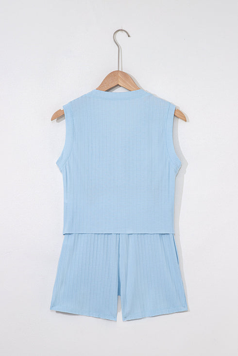 Exclusive Ribbed Button V Neck Tank Short Set