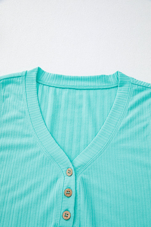 Exclusive Ribbed Button V Neck Tank Short Set