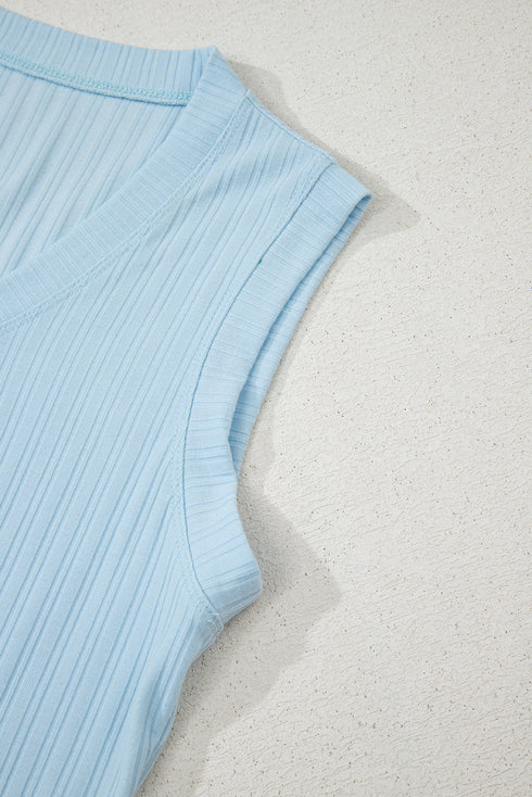 Exclusive Ribbed Button V Neck Tank Short Set