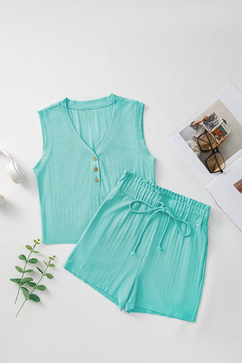 Exclusive Ribbed Button V Neck Tank Short Set