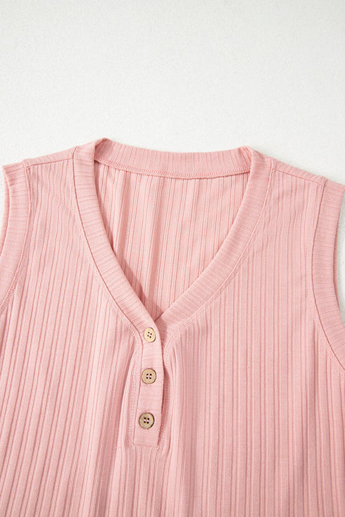 Exclusive Ribbed Button V Neck Tank Short Set
