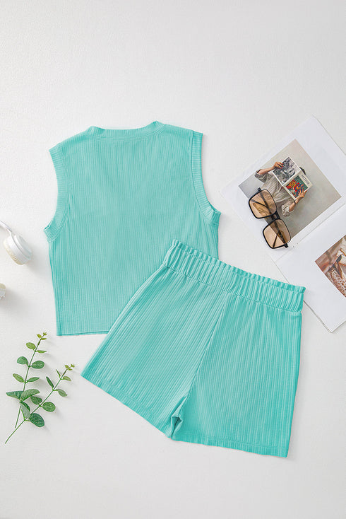 Exclusive Ribbed Button V Neck Tank Short Set