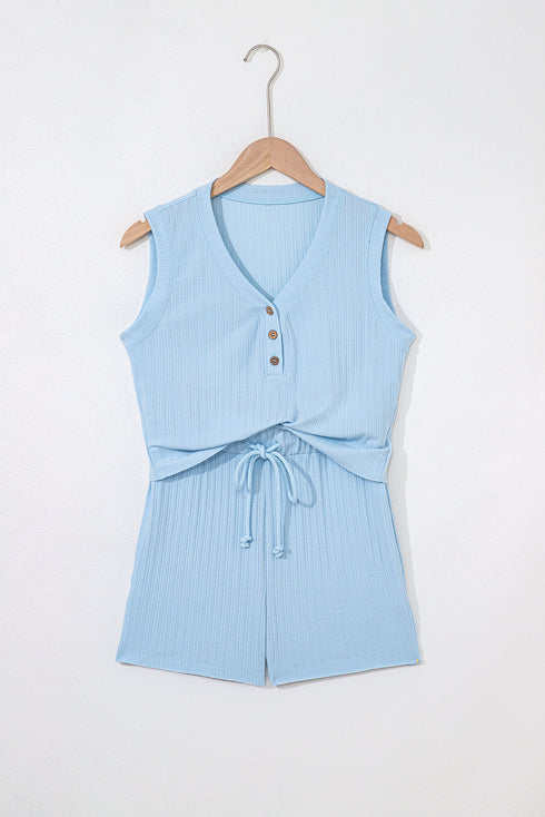 Exclusive Ribbed Button V Neck Tank Short Set