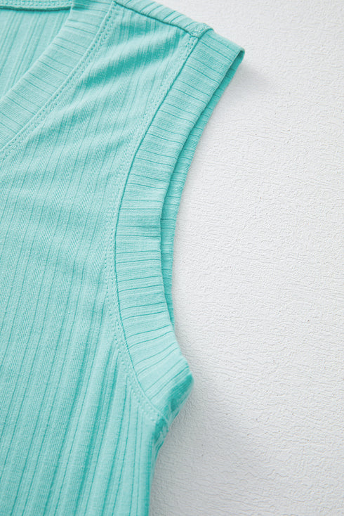 Exclusive Ribbed Button V Neck Tank Short Set