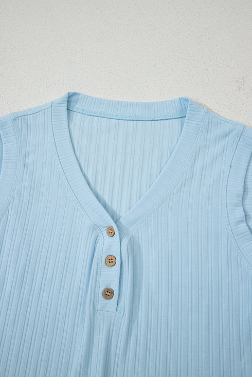 Exclusive Ribbed Button V Neck Tank Short Set