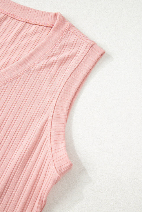 Exclusive Ribbed Button V Neck Tank Short Set