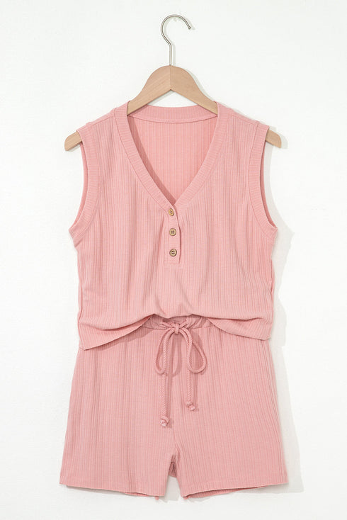 Exclusive Ribbed Button V Neck Tank Short Set