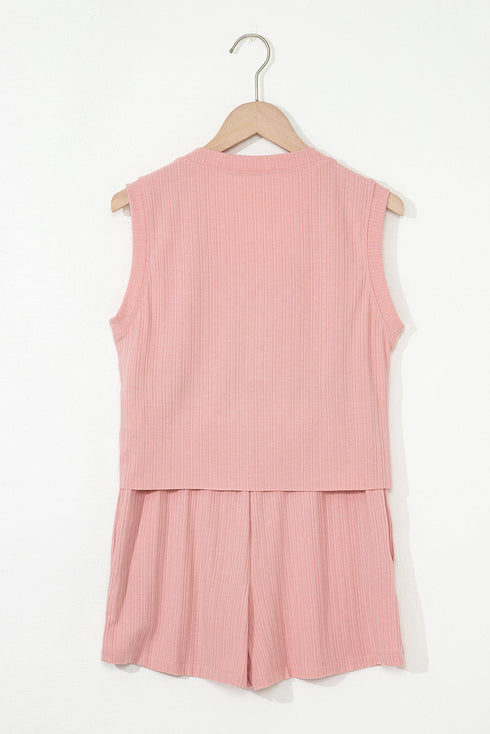 Exclusive Ribbed Button V Neck Tank Short Set