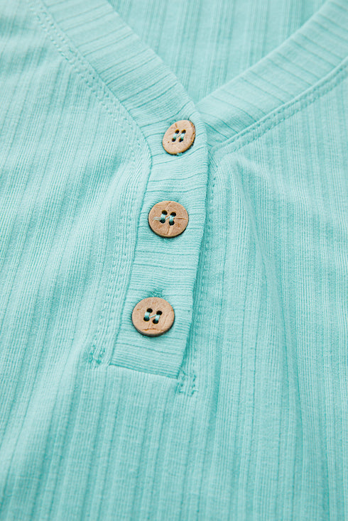 Exclusive Ribbed Button V Neck Tank Short Set