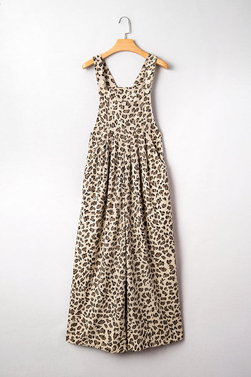 Exclusive Ribbed Leopard Print Wide Leg Bib Jumpsuit