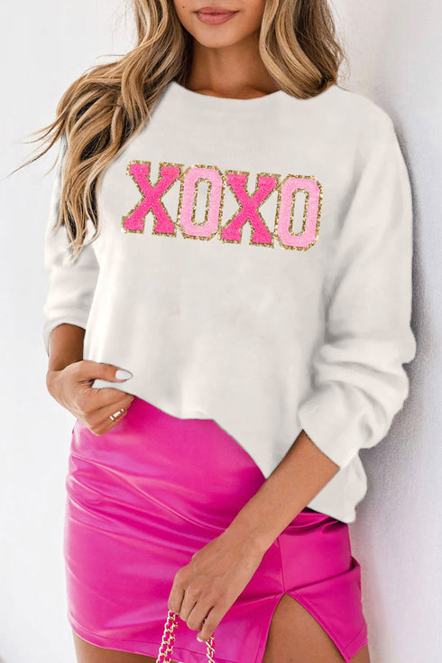 Exclusive Sequin XOXO Graphic Round Neck Pullover Sweater