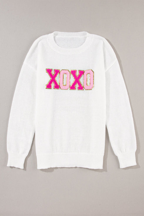 Exclusive Sequin XOXO Graphic Round Neck Pullover Sweater