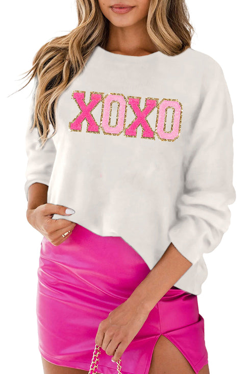 Exclusive Sequin XOXO Graphic Round Neck Pullover Sweater
