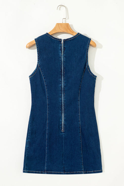 Exclusive Sleeveless Zipped Front Bodycon Denim Mini Dress