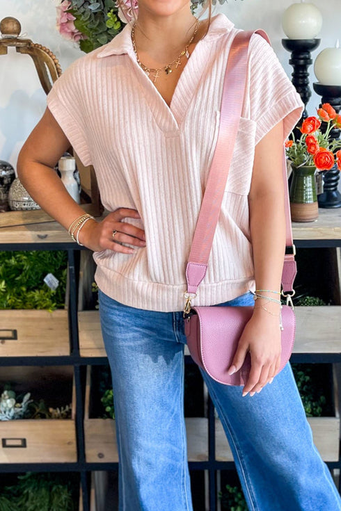 Exclusive Solid Collared V Neck Ribbed Tee