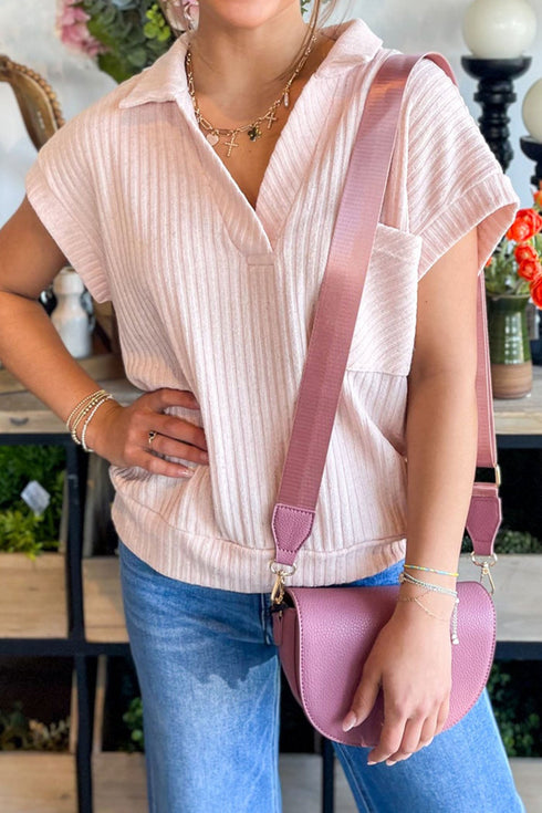 Exclusive Solid Collared V Neck Ribbed Tee