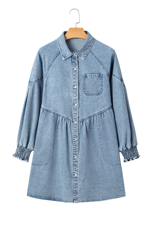 Exclusive Solid Denim Smocked Cuff Flared Shirt Mini Dress