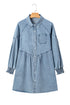 Exclusive Solid Denim Smocked Cuff Flared Shirt Mini Dress