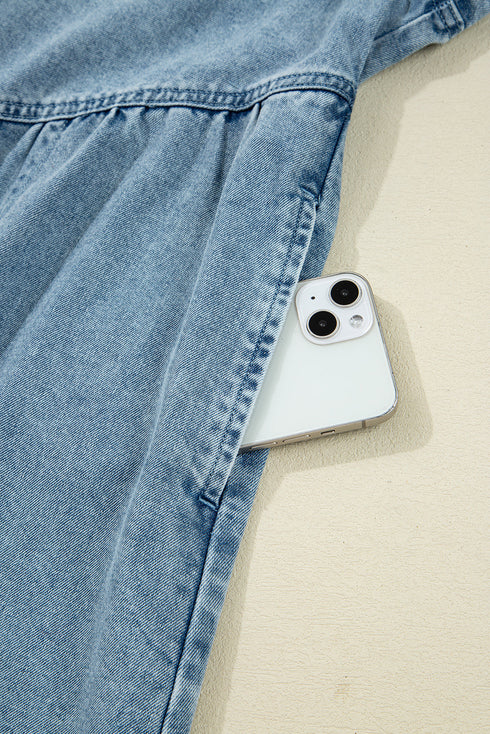 Exclusive Solid Denim Smocked Cuff Flared Shirt Mini Dress