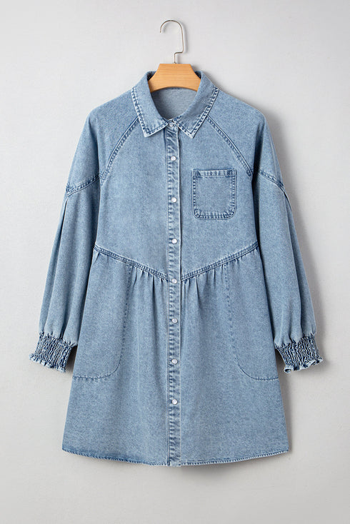 Exclusive Solid Denim Smocked Cuff Flared Shirt Mini Dress