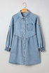 Exclusive Solid Denim Smocked Cuff Flared Shirt Mini Dress